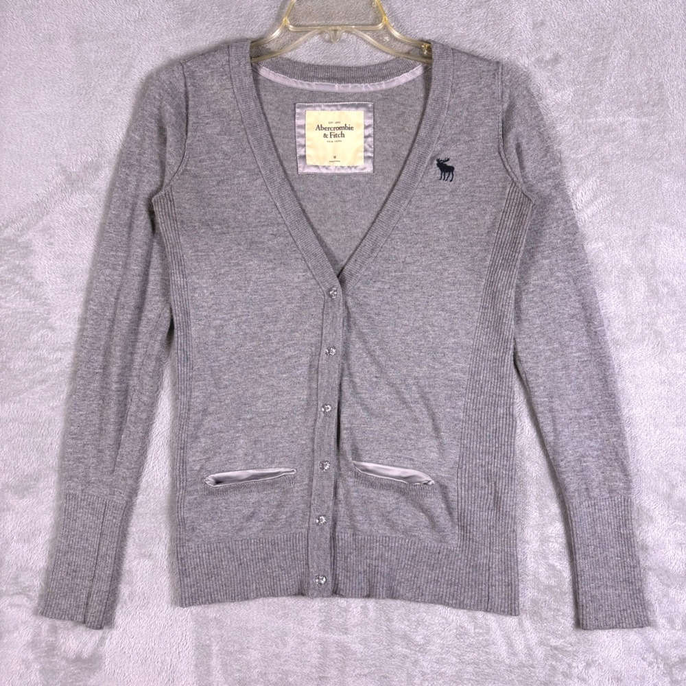 Abercrombie & Fitch Gray V Neck Cardigan Jewel Button‎ Moose Logo Cotton Blend M